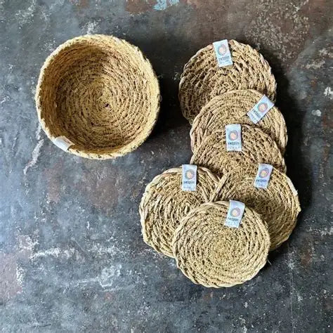 Respiin - Seagrass Coasters with Holder - Set of 6 - Natural